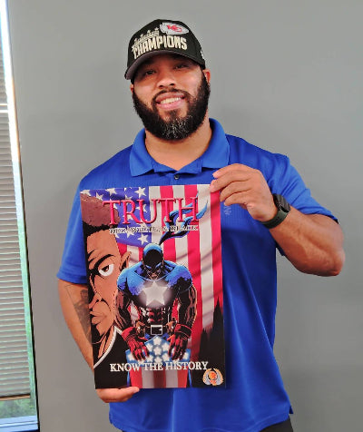 Man holding a promo poster of 'TRUTH: Know the History' with an American flag design.