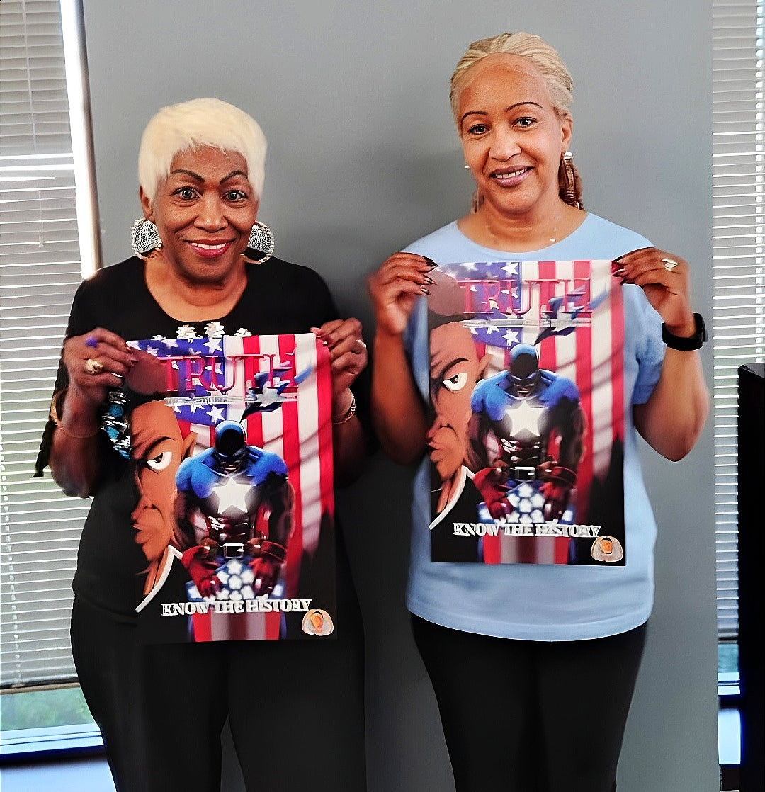 Two women holding a promo poster for the comic project 'TRUTH: Know the History' with an American flag background design.